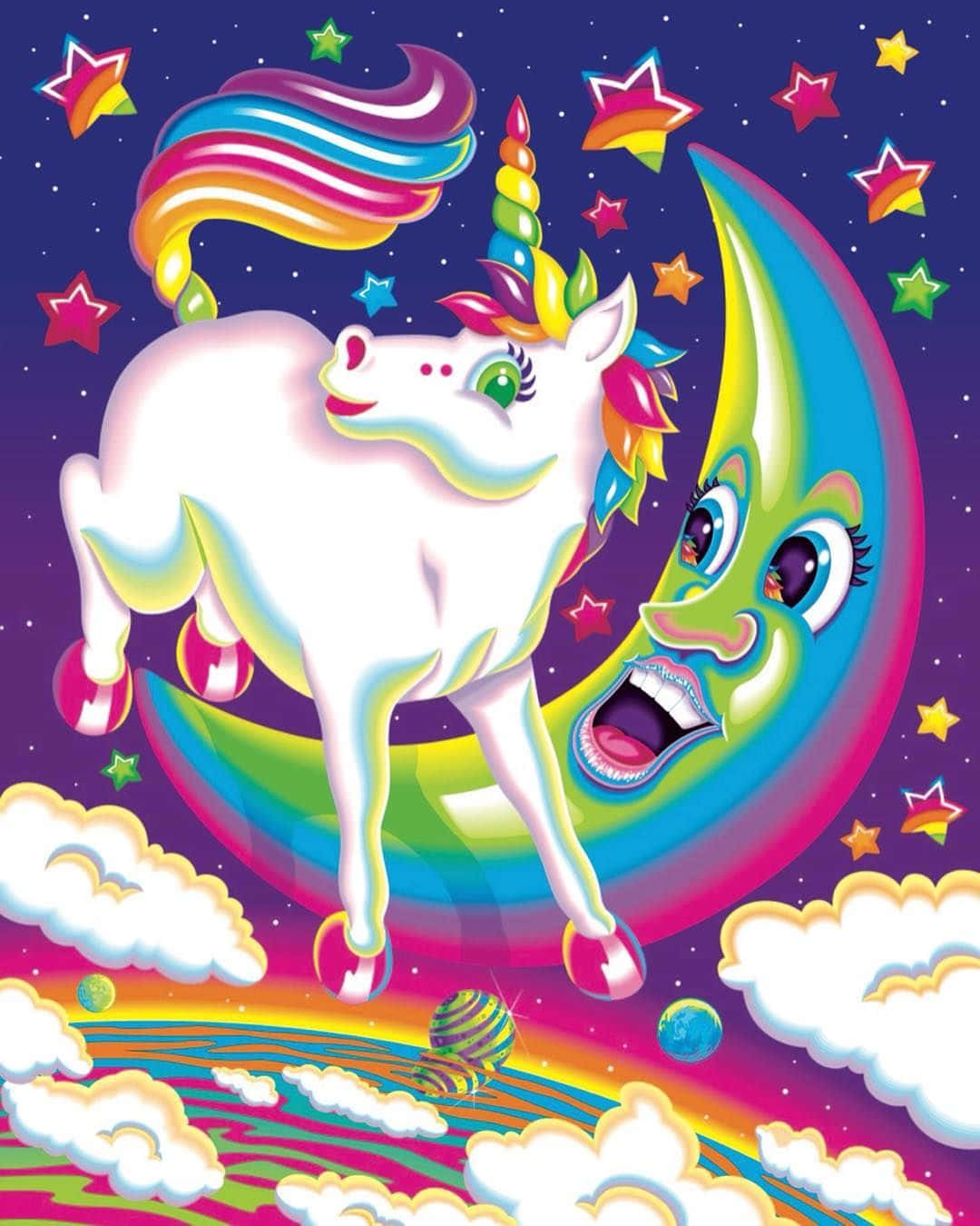 A Colorful Lisa Frank Unicorn Against a Starry Night Wallpaper