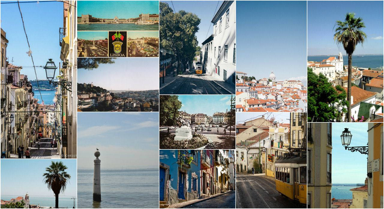 Laptopcon Collage Estetico Di Lisbona, Portogallo. Sfondo
