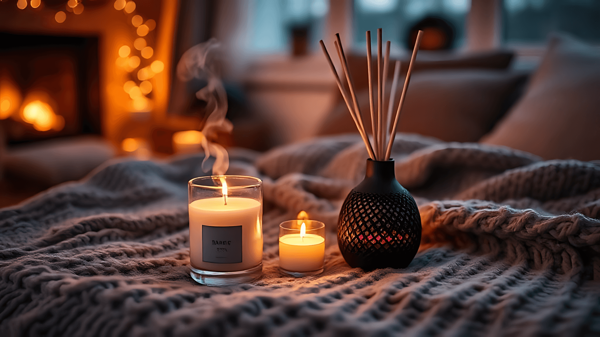 Lit Candle With Wool Blanket In Cozy Night Setting Wallpaper