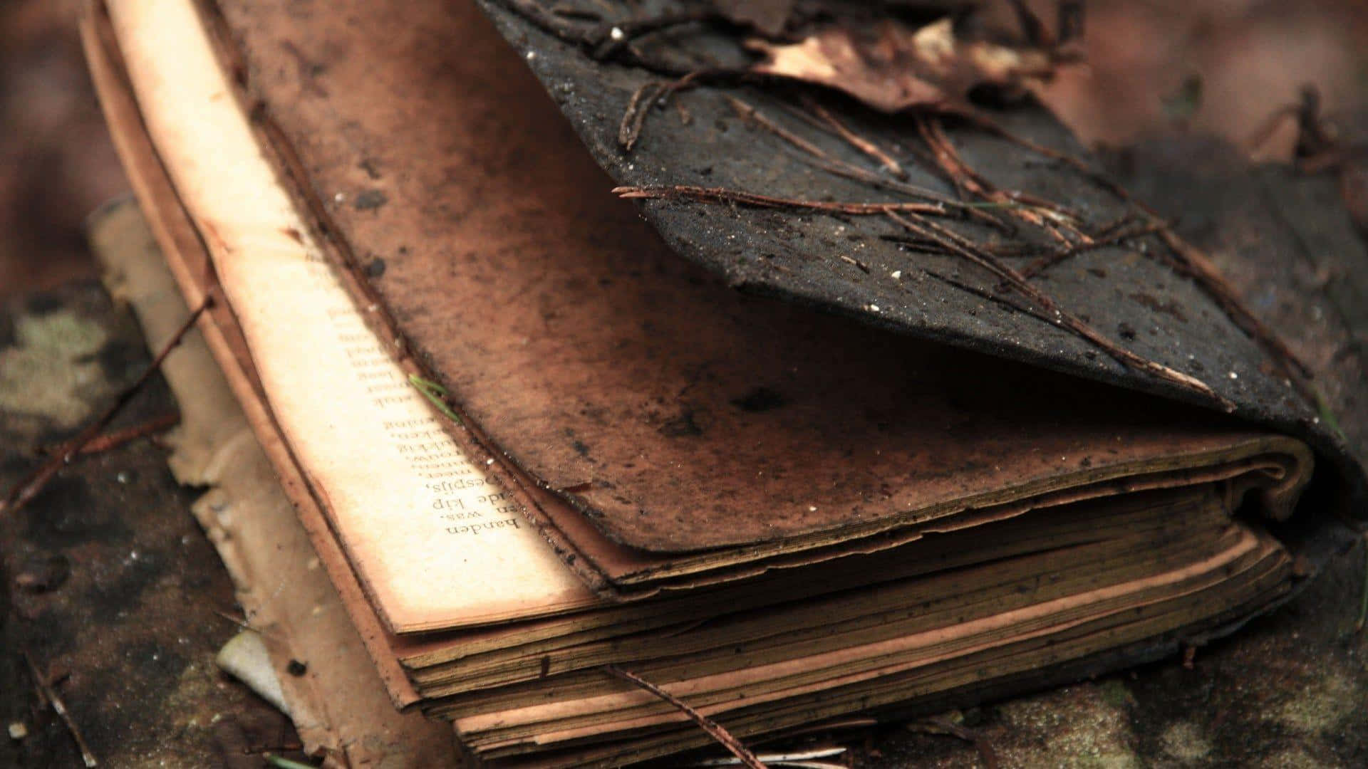 An Old Book Sitting On Top Of A Tree Stump