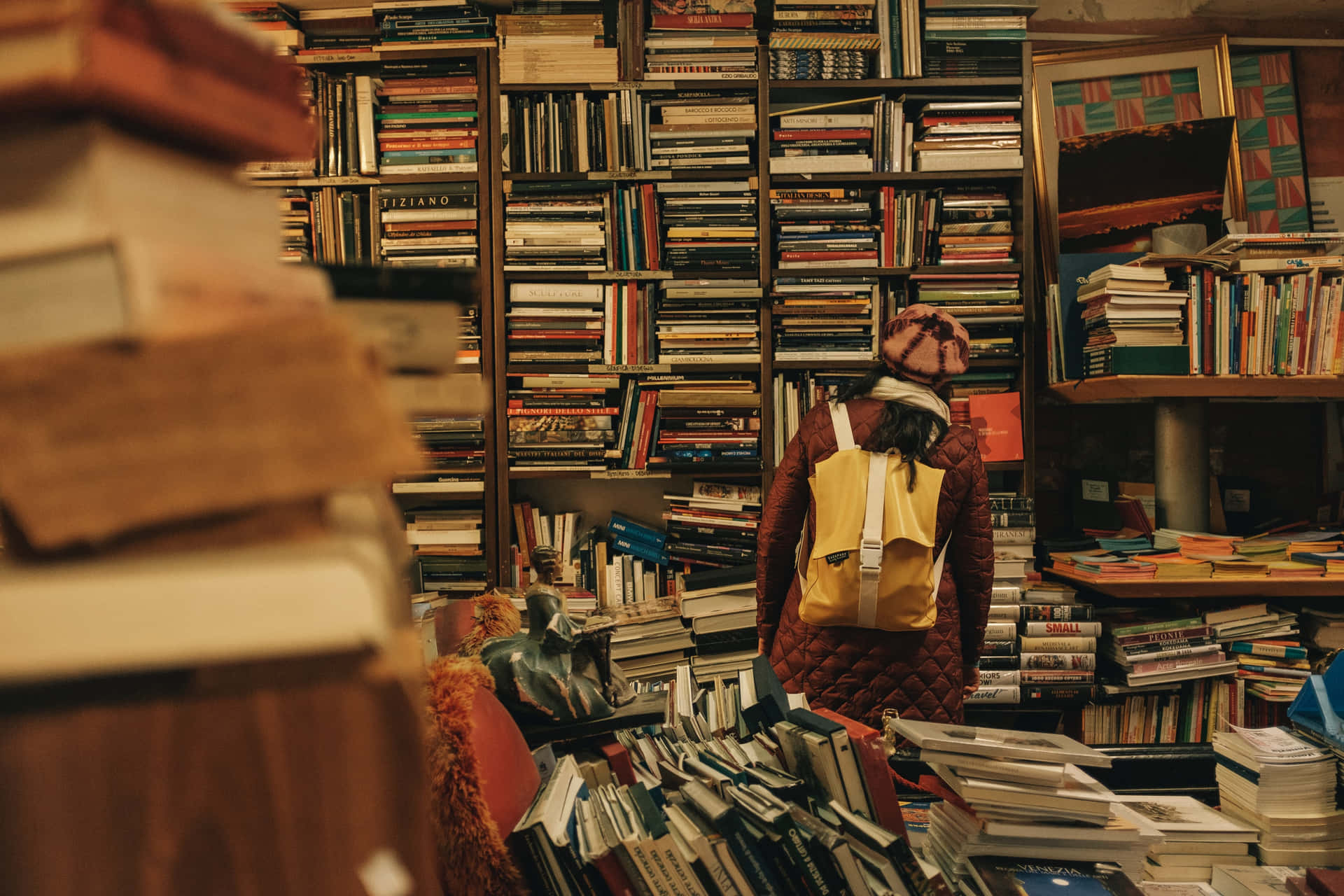 Einefrau Steht In Einem Buchladen Voller Bücher.