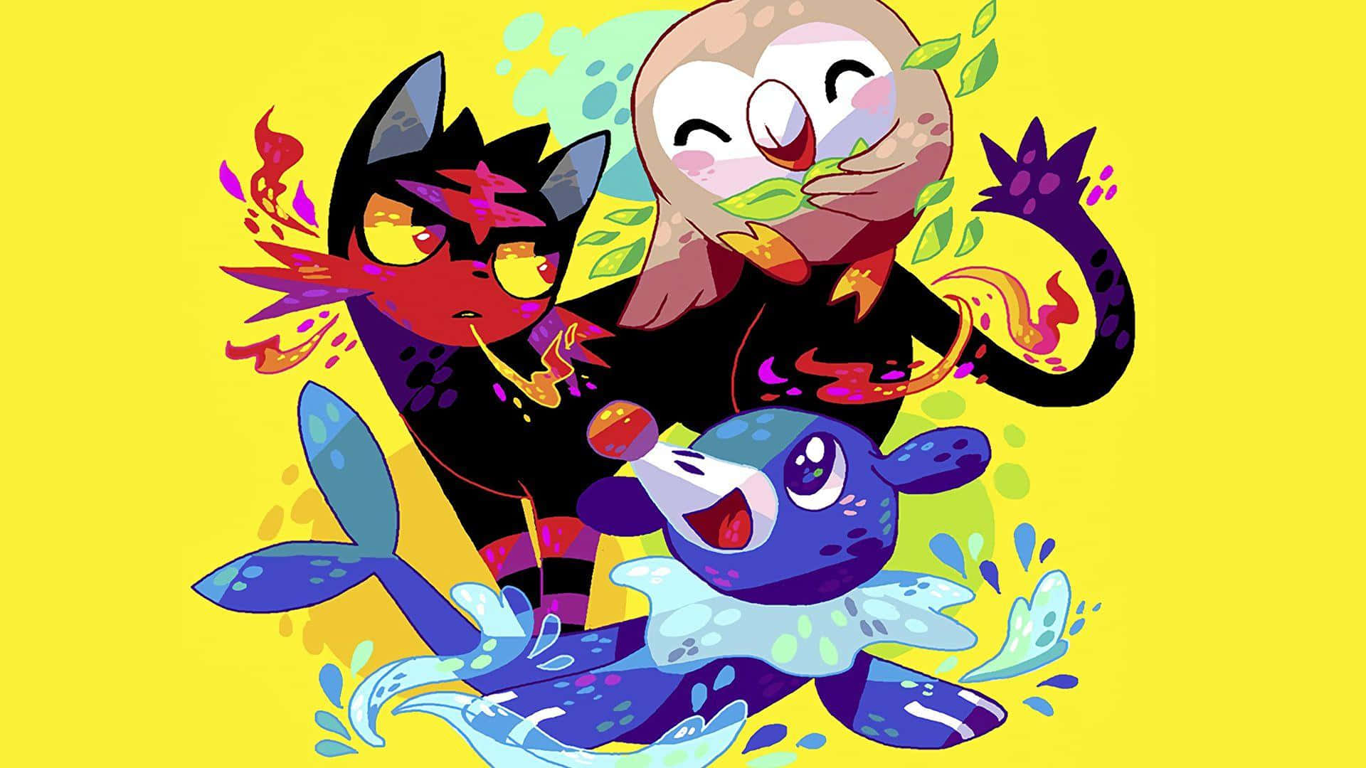 Litten, Rowlet, And Popplio In Yellow Background Wallpaper