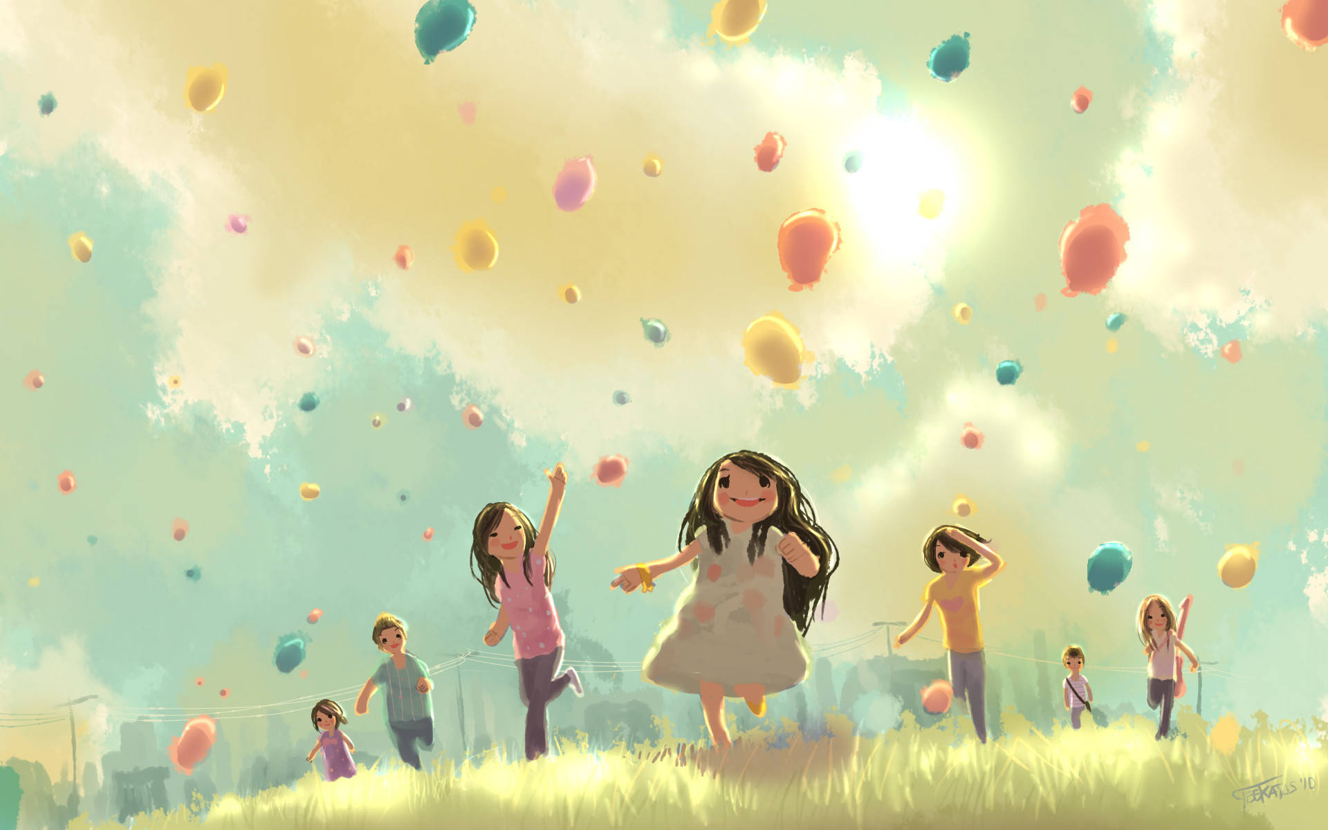 Little Children Chasing Colorful Balloons Wallpaper