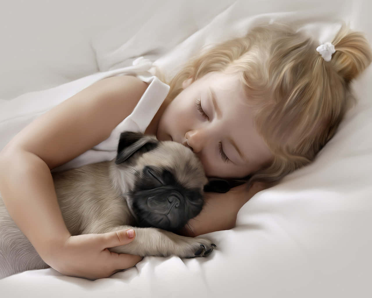 Lille pige og hendes griffon hund Illustration Wallpaper