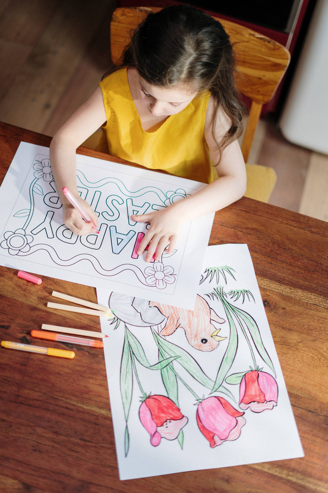 Little Girl Coloring Happy Easter Banner Wallpaper