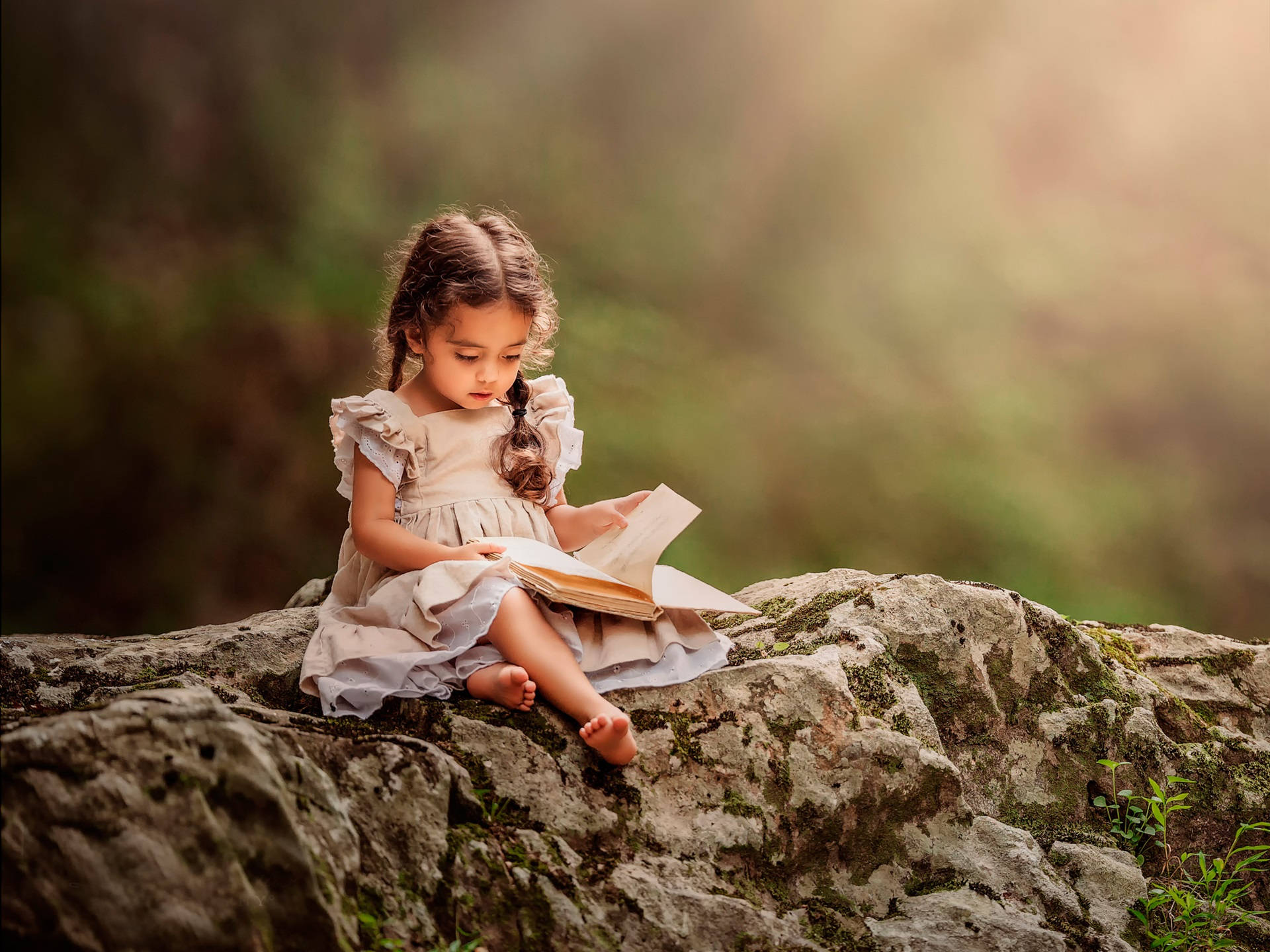 Lille pige, der læser på en klippe Wallpaper