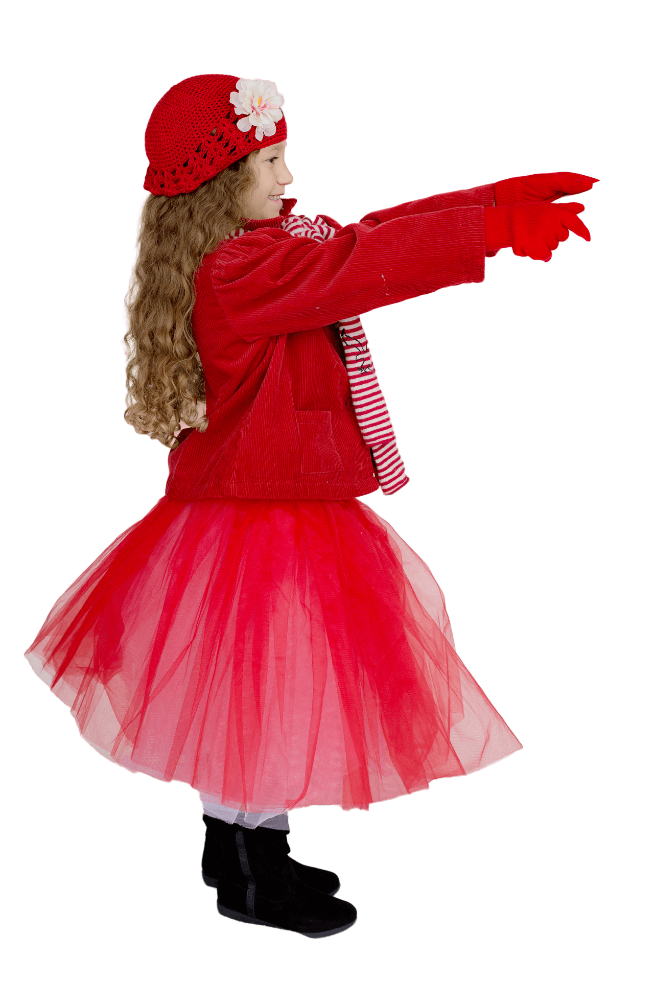 Little Girl Red Christmas Outfit Pointing PNG