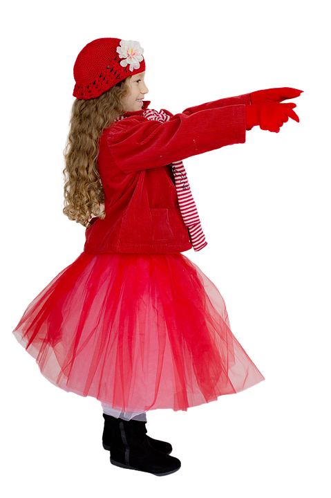 Little Girl Red Christmas Outfit Pointing PNG