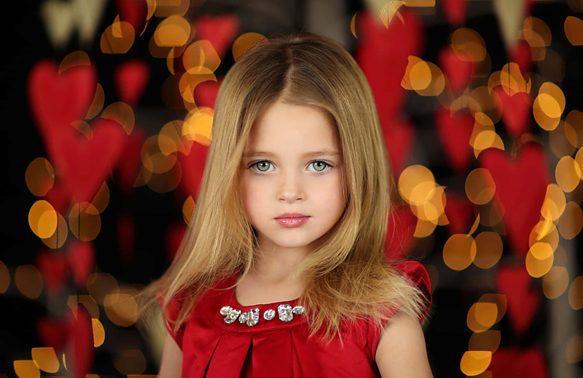 Little Girl Red Dress Heart Bokeh Background Wallpaper