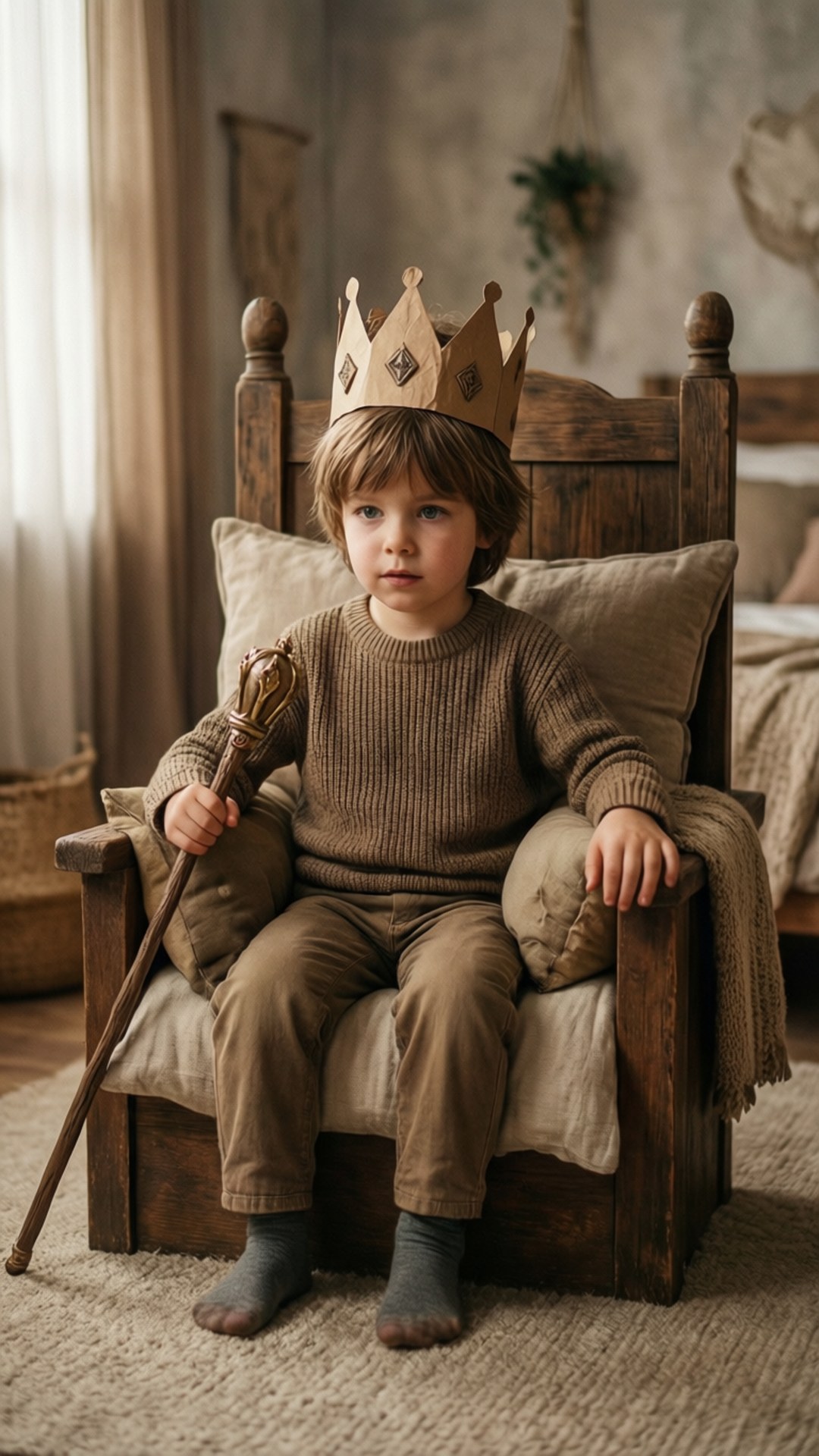Child pretending to be king with crown and scepter