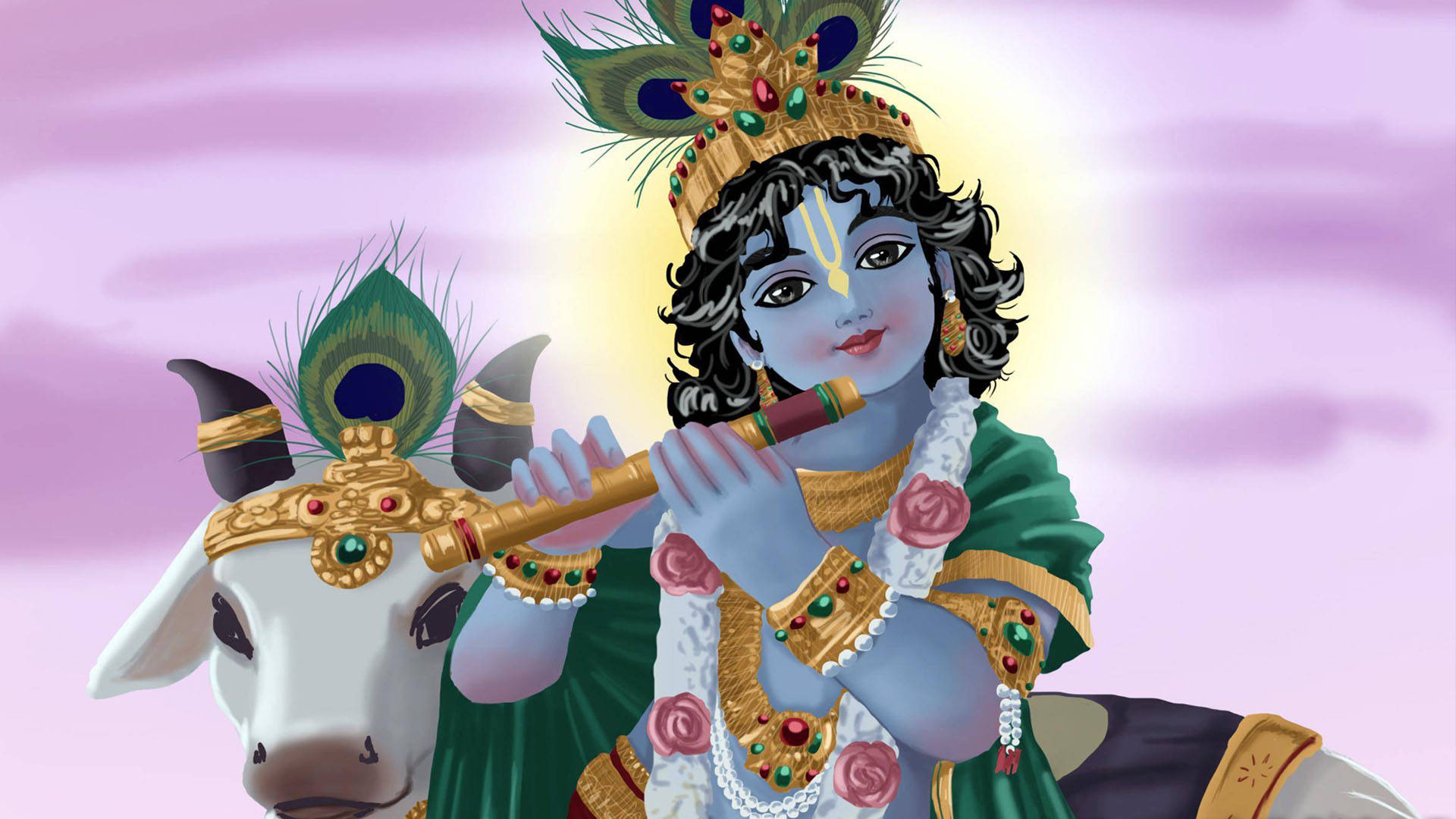 Piccolo Krishna E Mucca Bianca Sfondo