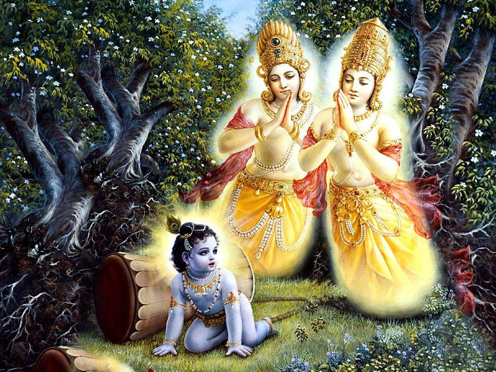 Little Krishna Hd In Forest With Parents Wallpaper