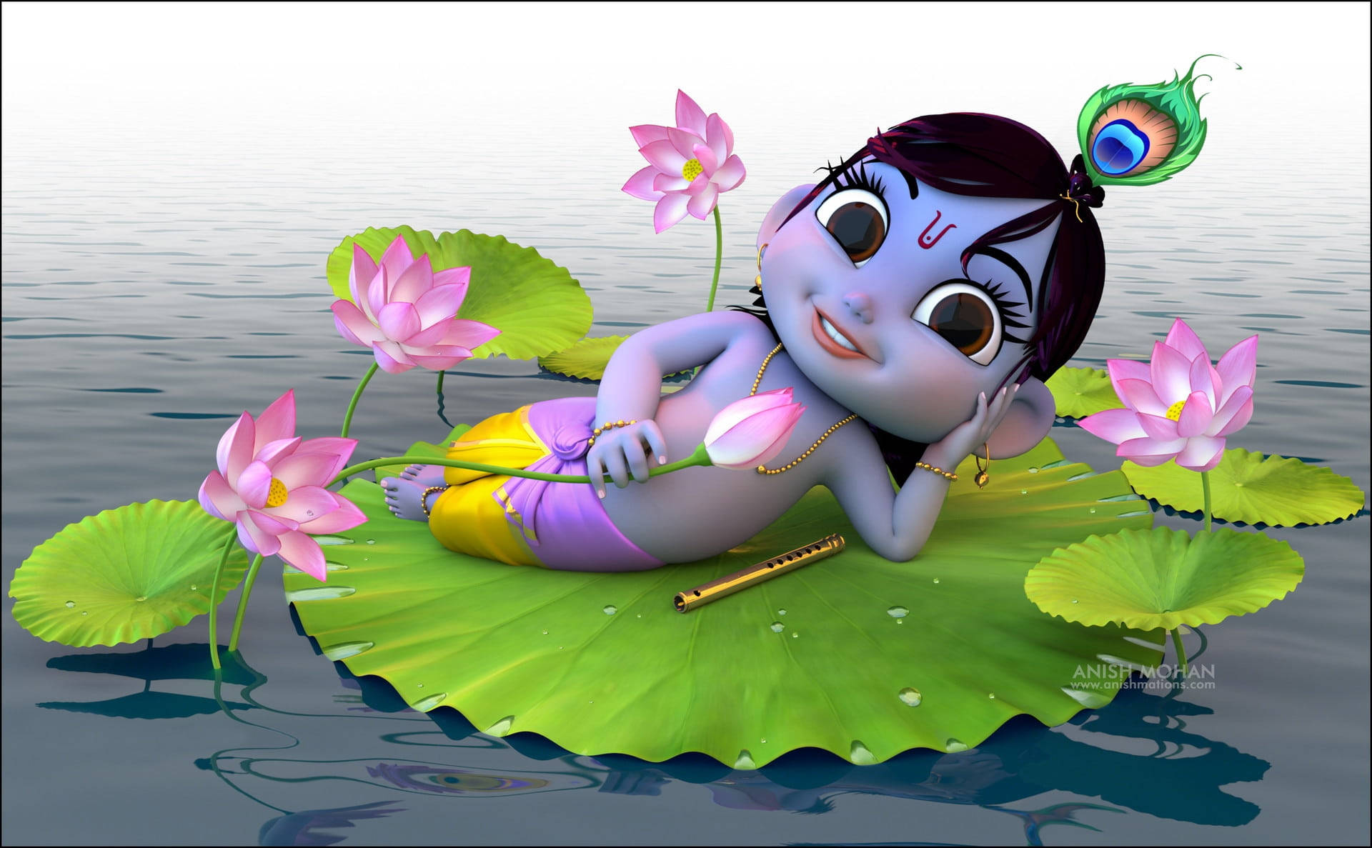 Little Krishna Hd On Lily Pad Wallpaper