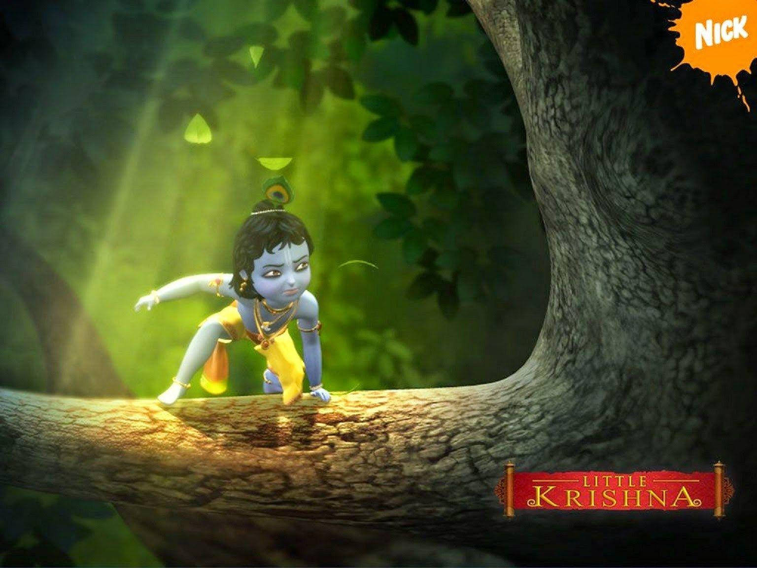 Little Krishna Hd On Tree Branch Wallpaper