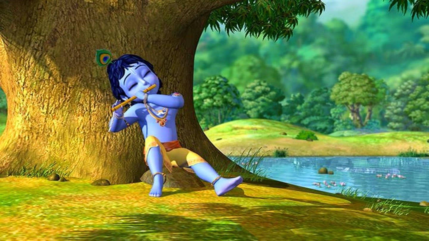 Little Krishna Hd Playing Flute Under Tree Wallpaper