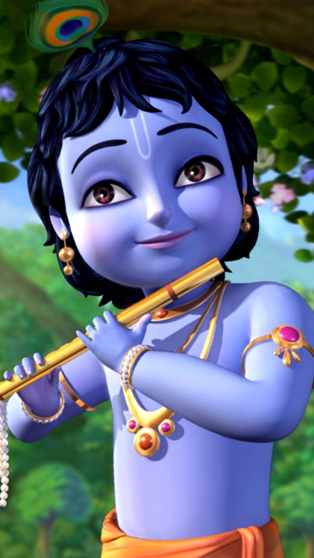 Little Krishna Hd Portrait Playing Flute Wallpaper