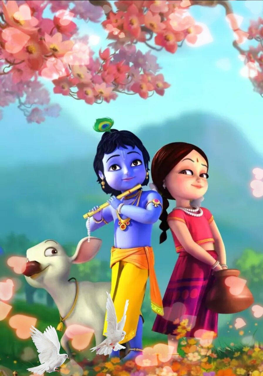Download Little Krishna HD Radha And Cow Pink Tree Wallpaper ...