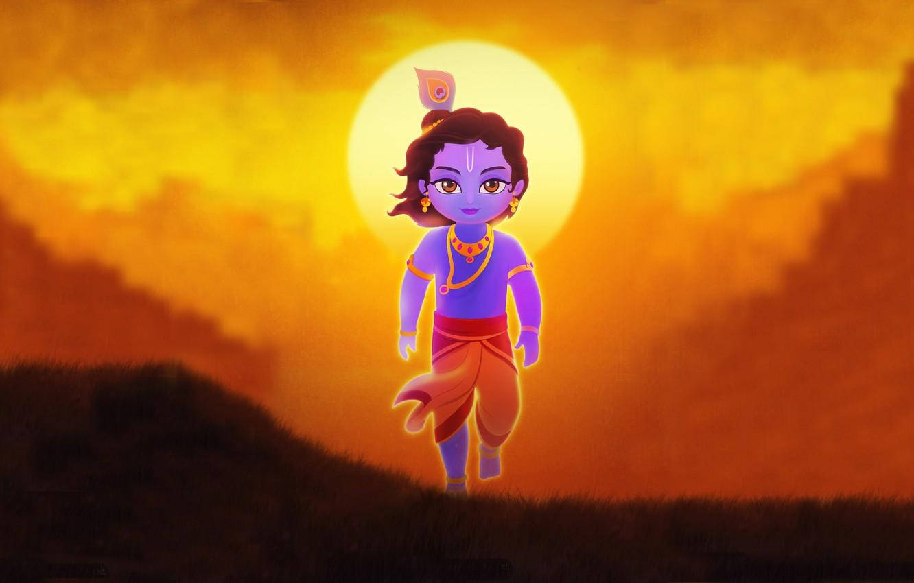 Little Krishna Hd Walking With Sun Wallpaper