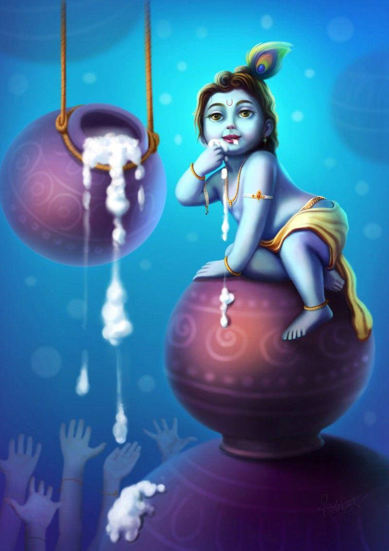 Download Little Krishna Milk Jar Wallpaper | Wallpapers.com