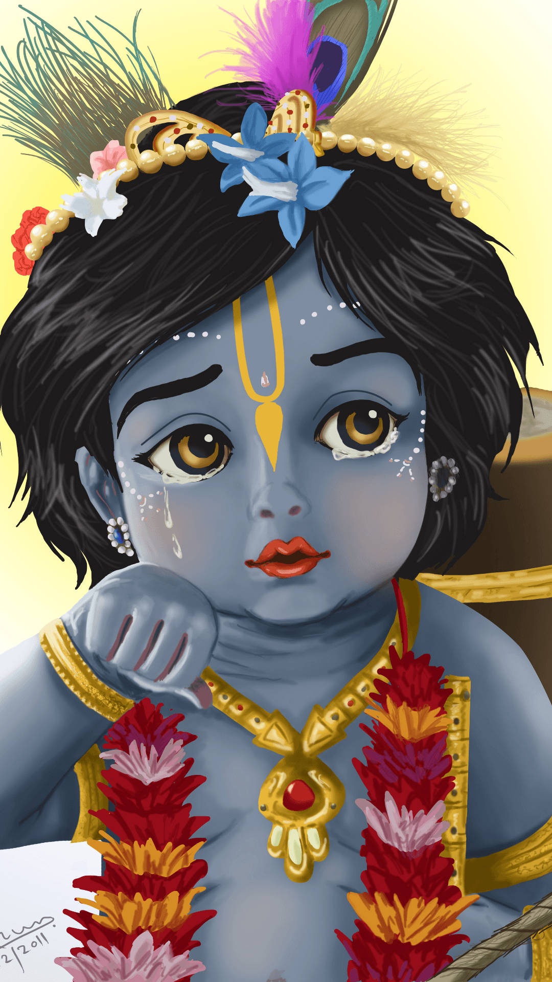 Download Little Krishna With Floral Necklace Wallpaper 