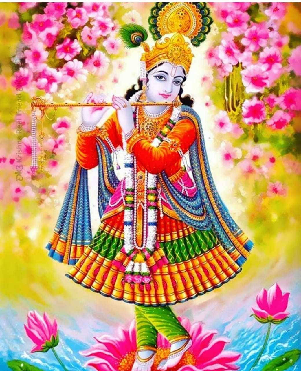 Download Little Krishna With Pink Flowers Wallpaper 
