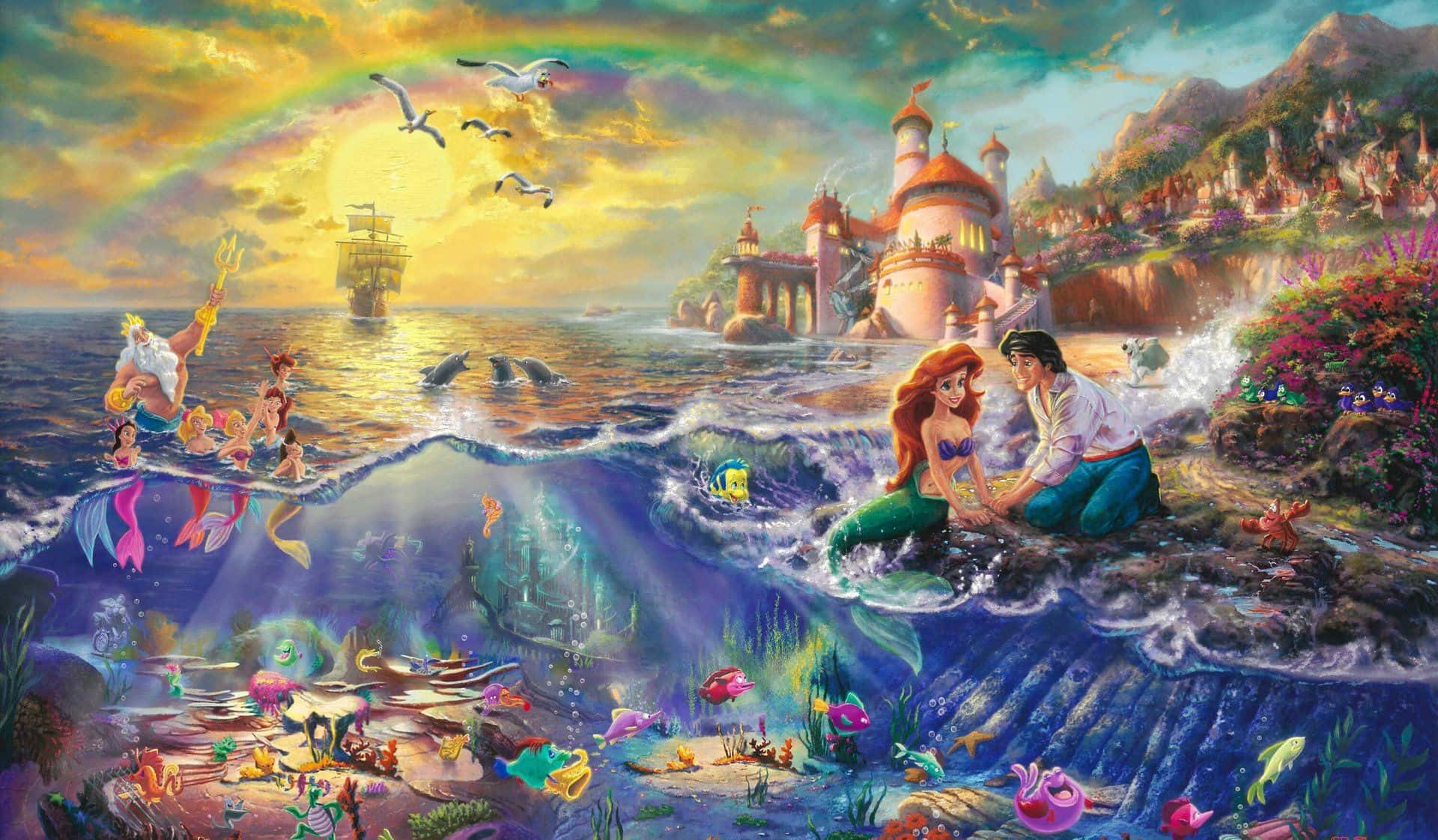 Ariel fra Disney's The Little Mermaid rider en lilla søhest foran en skinnende gul sol. Wallpaper