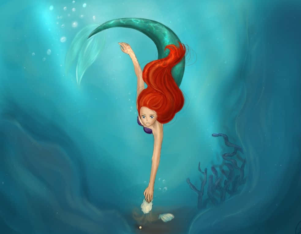 Ariel fra Den lille Havfrue svømmer blandt lyserøde og blå skaller. Wallpaper
