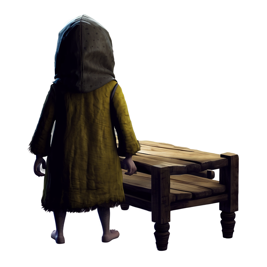 little nightmares d PNG — A child in a yellow hooded robe stands barefoot beside a wooden bench under a soft glowing light in a dark room.