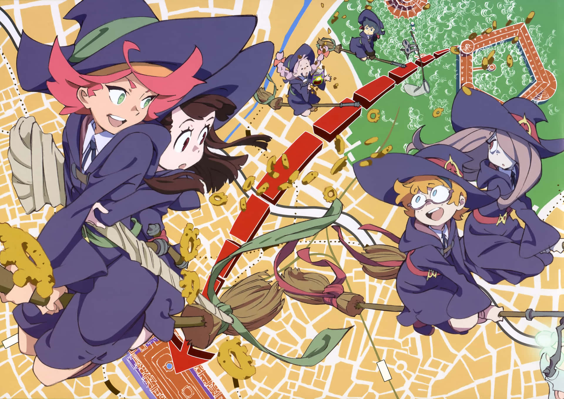 Personagensde Little Witch Academia Voando Sobre O Mapa. Papel de Parede