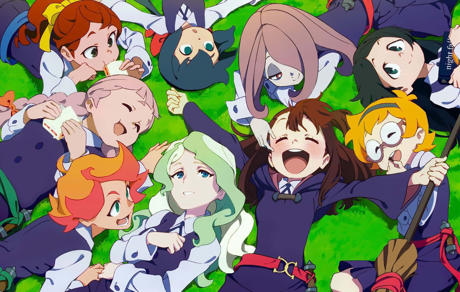 Little Witch Academia Characters Lying On Grass Wallpaper
