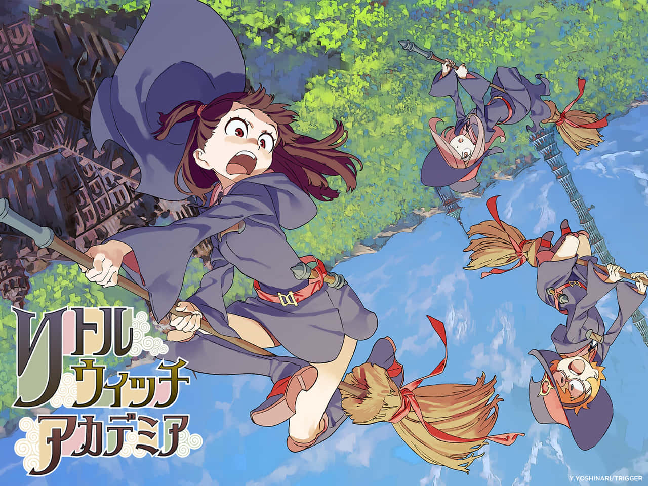 Little Witch Academia Characters On Brooms Wallpaper