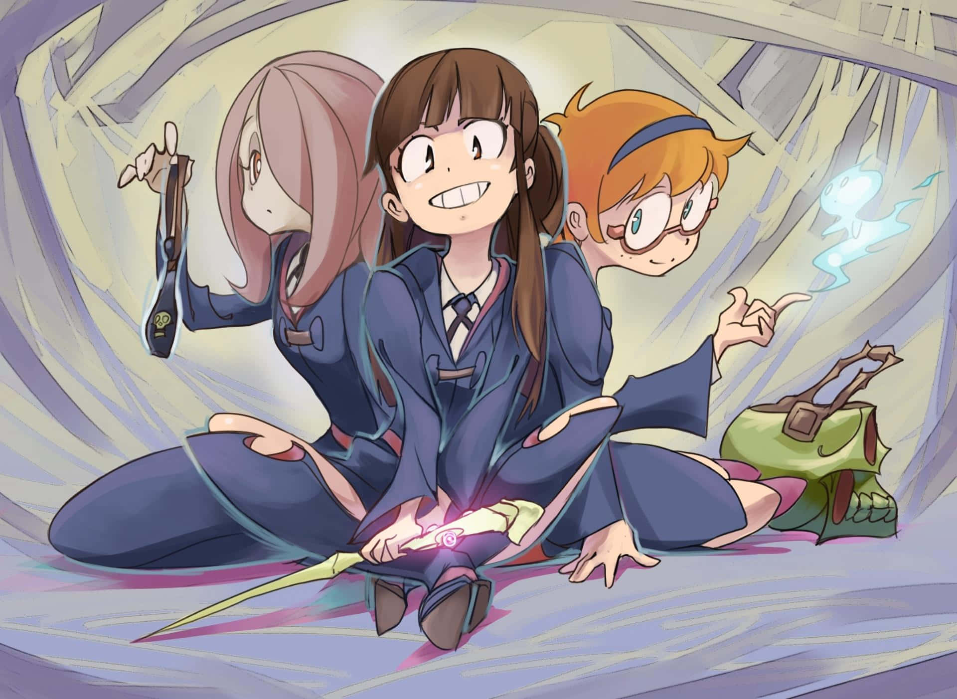 Little Witch Academia Characters Sitting Wallpaper