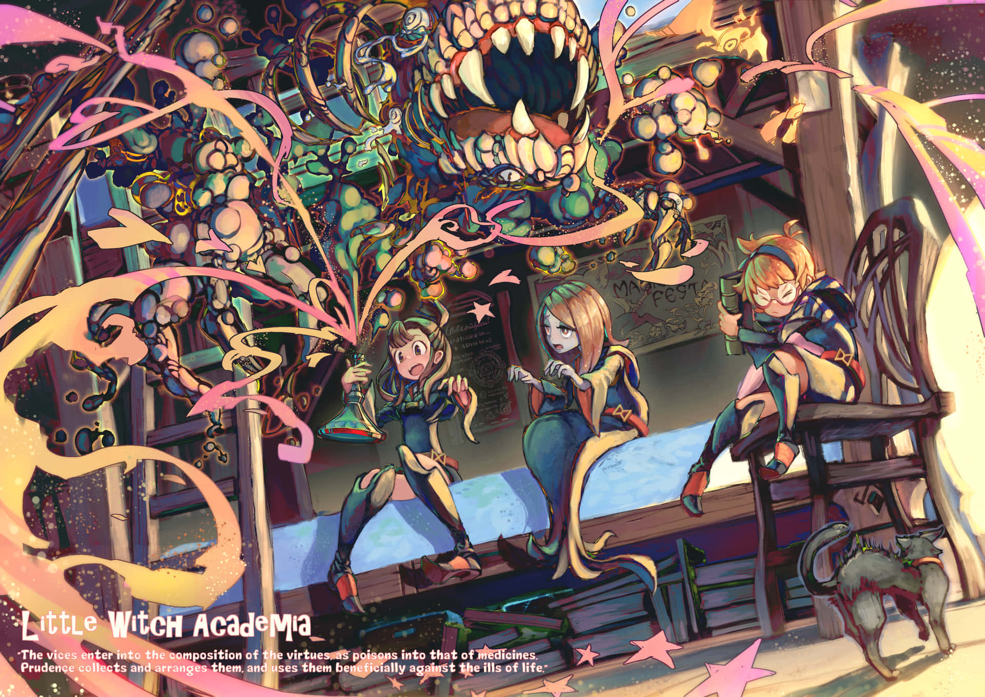 Little Witch Academia Characters With Defective Potion Wallpaper