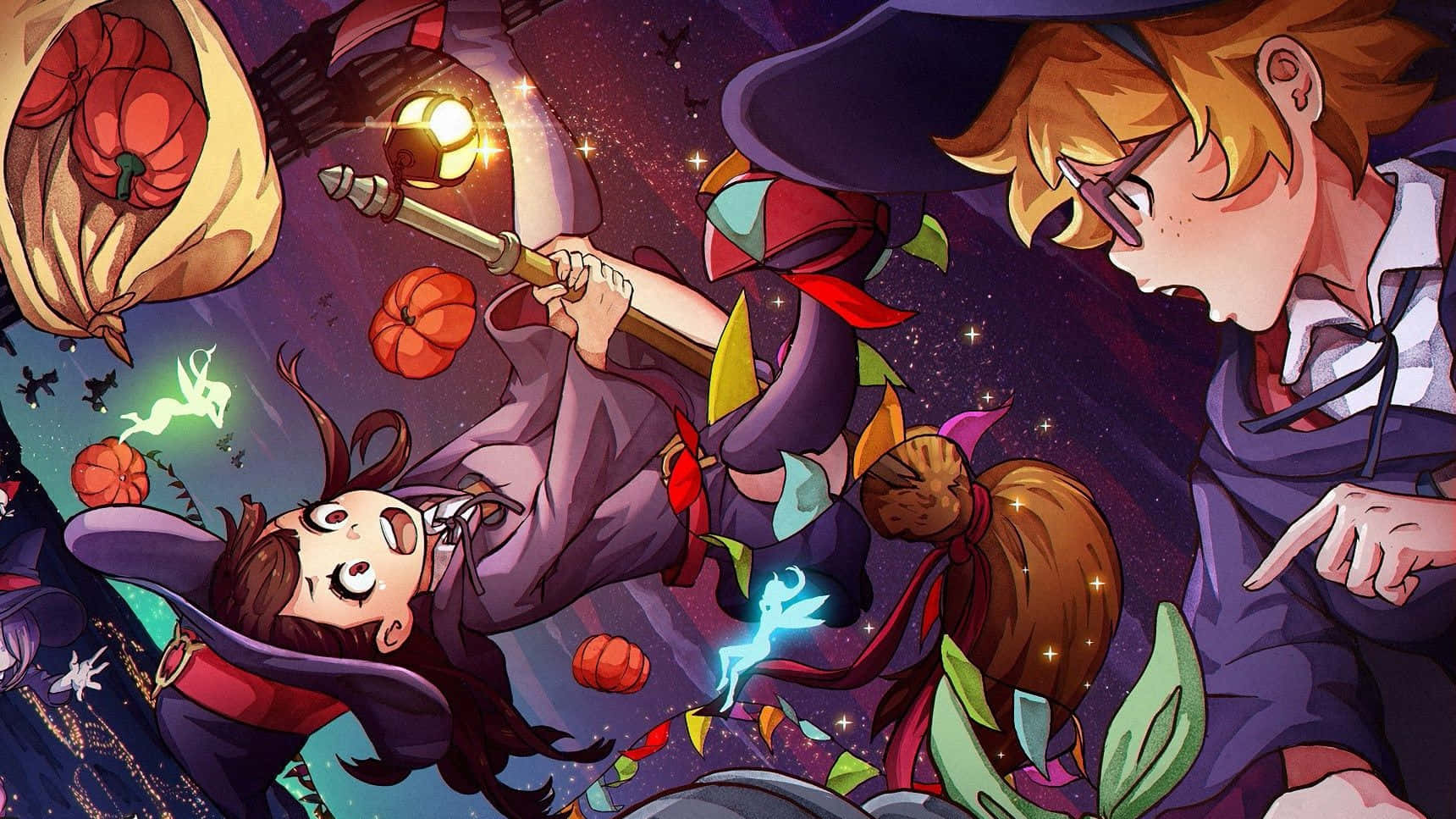 Little Witch Academia Characters With Pumpkins Wallpaper