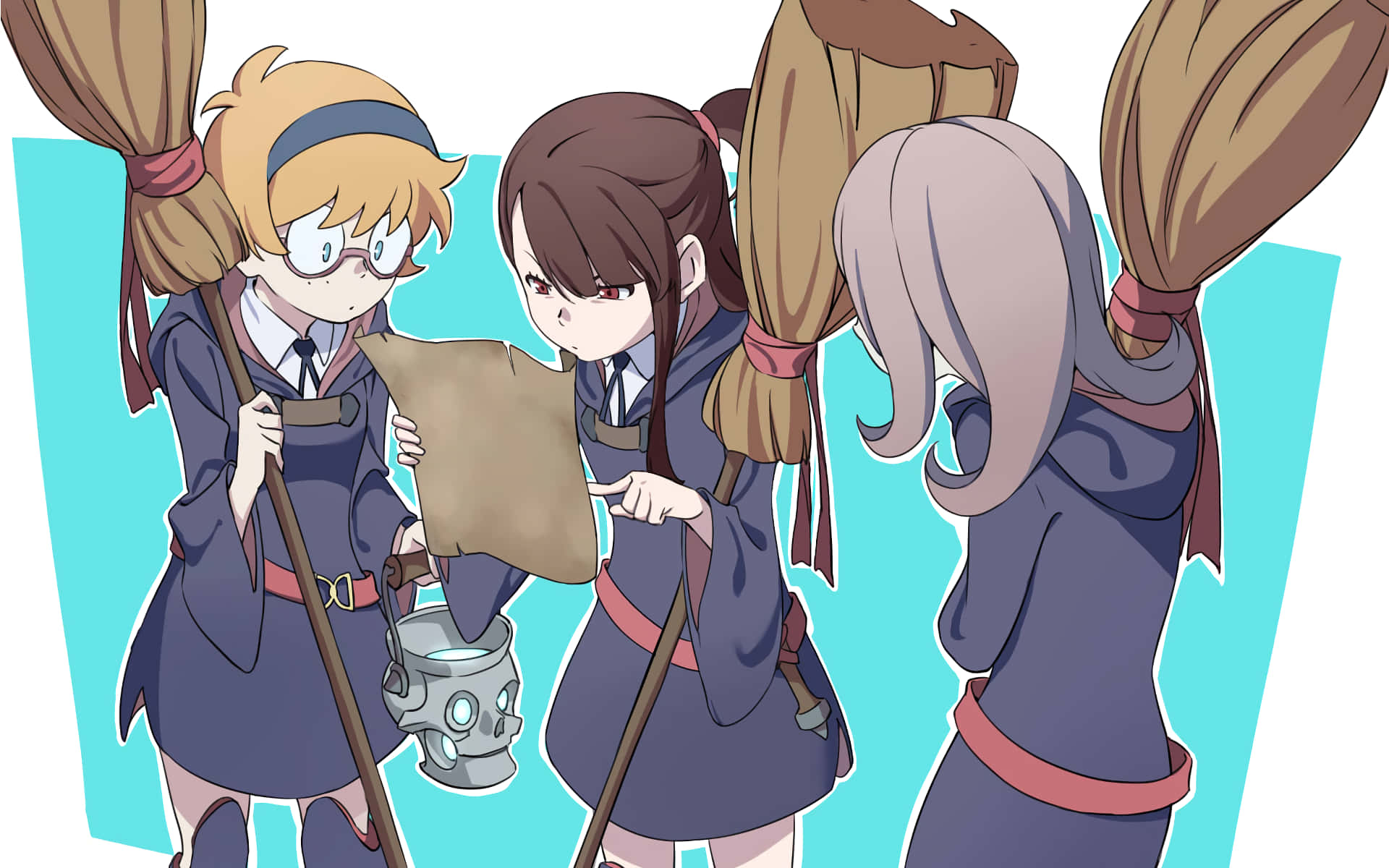 Little Witch Academia Trio With Brooms Wallpaper