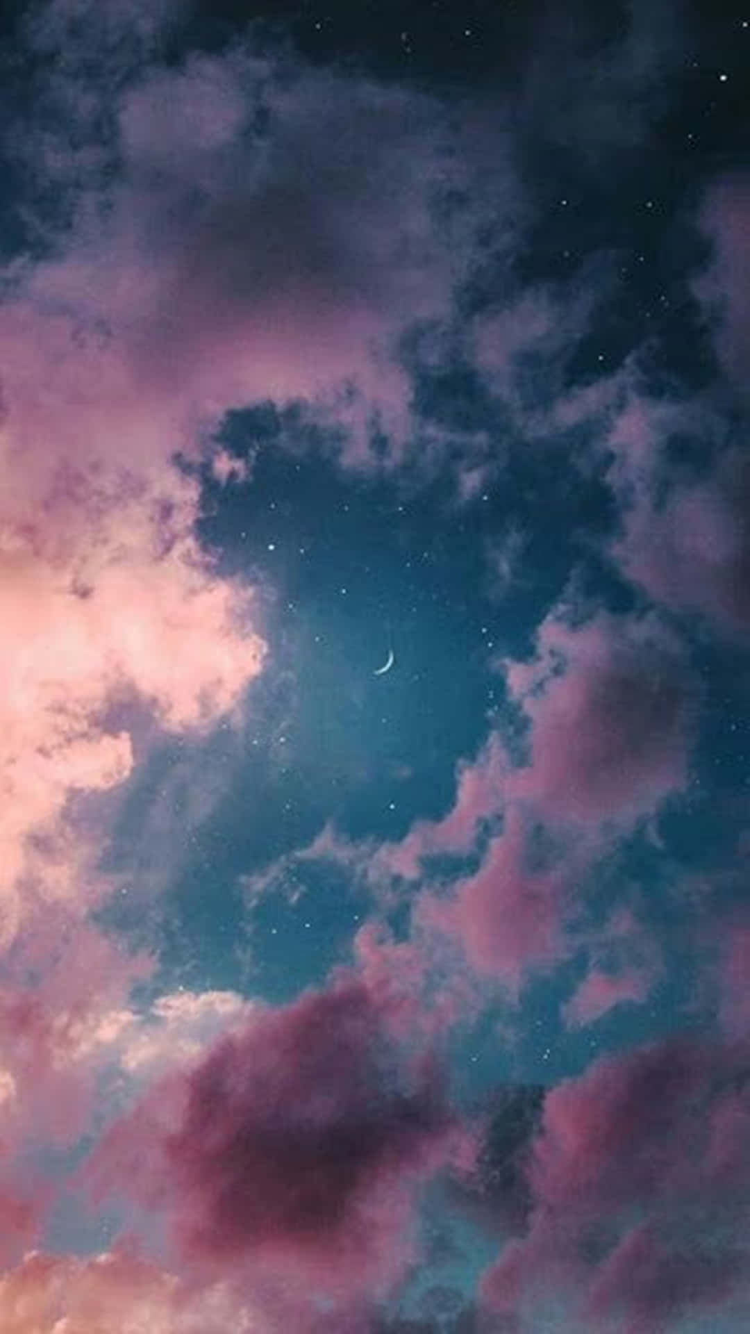 En lyserød og lilla himmel med skyer og stjerner Wallpaper