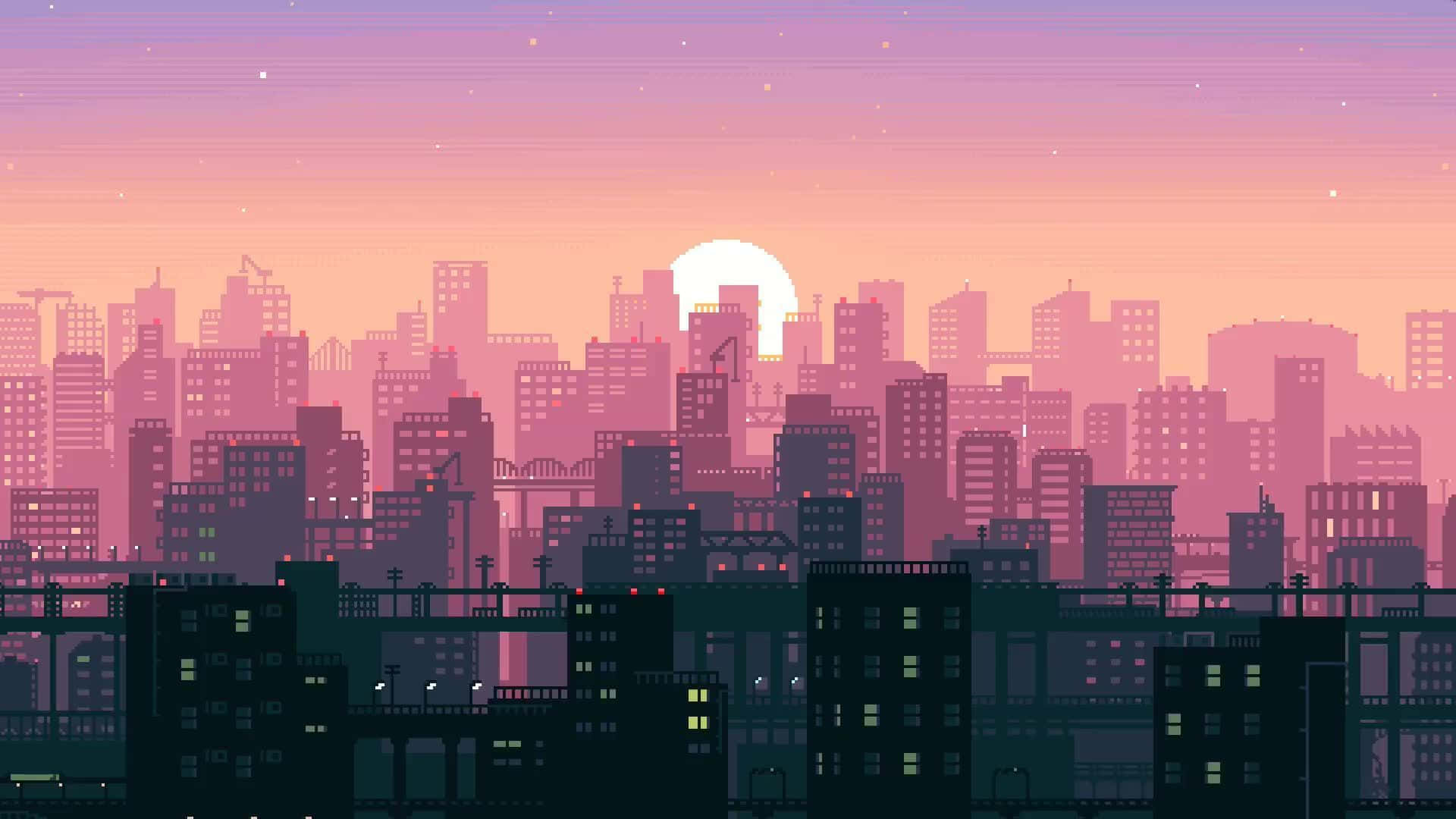 Live Aesthetic Sunrise Cityscape Pixel Art Wallpaper