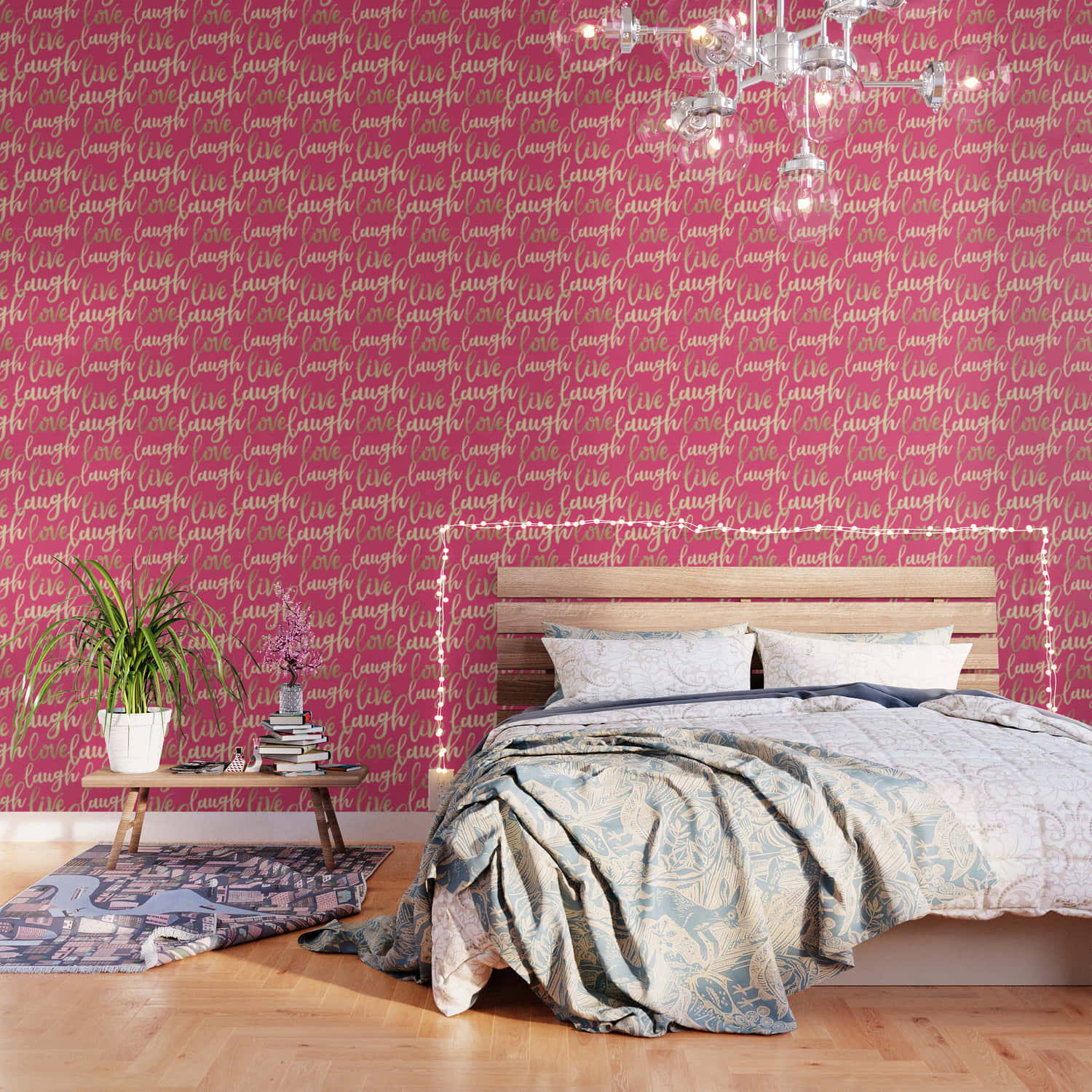 A Pink Bedroom With A Bed And A Lamp Wallpaper