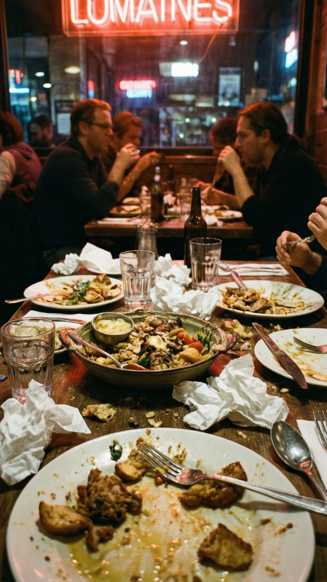 Et ærligt rodet restaurantbord efter et livligt måltid med neonlysrefleksioner.