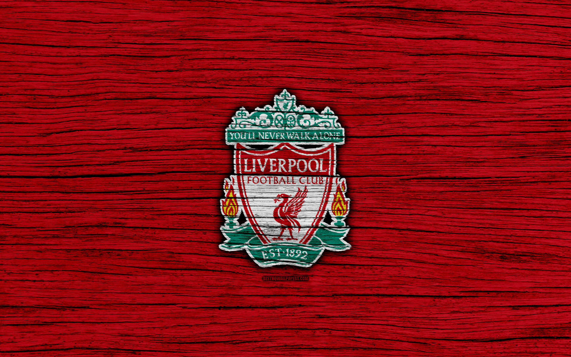 Logotipodel Liverpool En 4k Sobre Textura De Madera. Fondo de pantalla