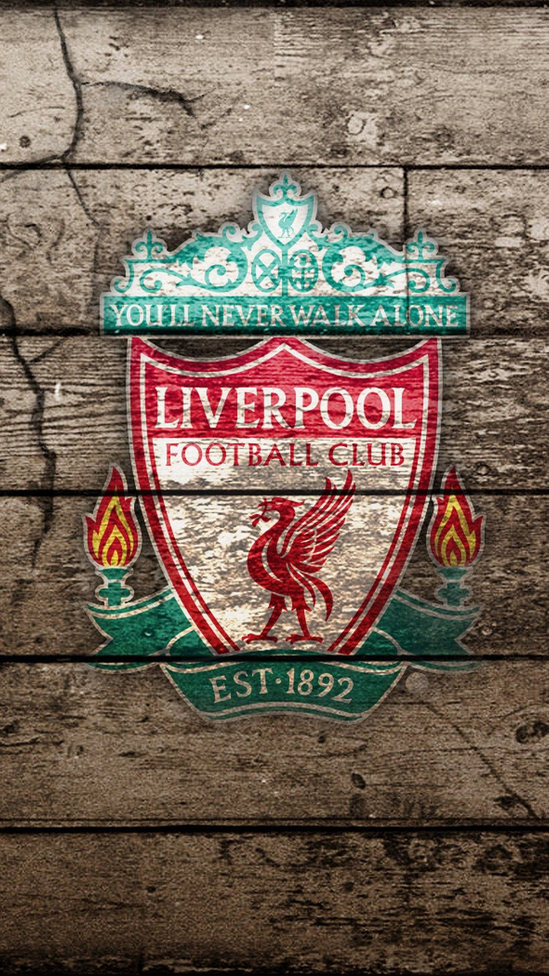 Supporter’s Artistry: Liverpool FC Emblazoned on Wooden Plank Wallpaper