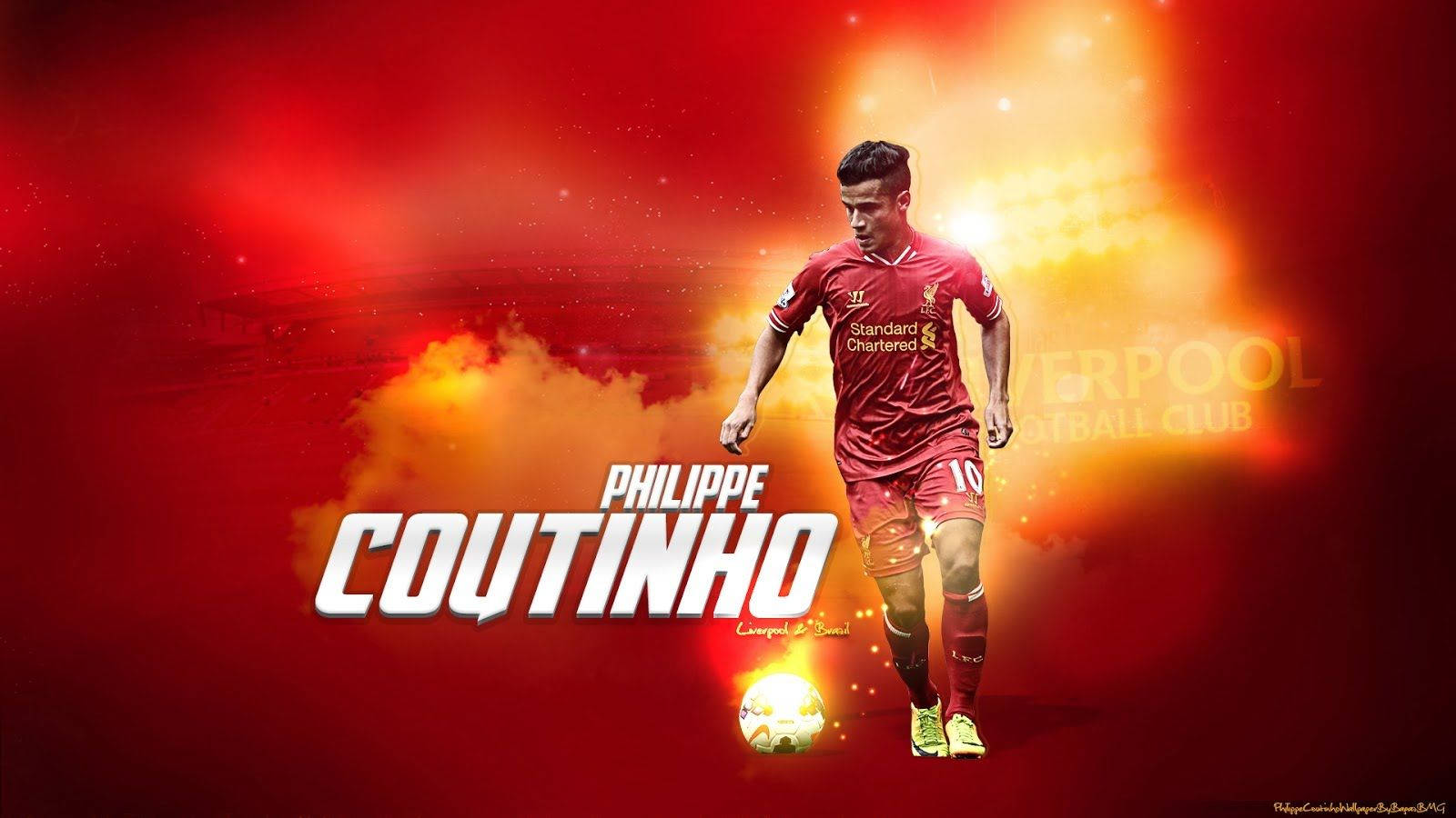 Philippe Coutinho fra Liverpool FC poserer mod farverige vægge. Wallpaper