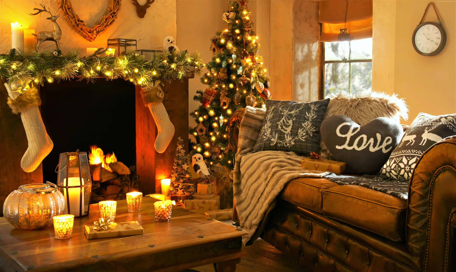 Captivating Christmas Atmosphere in Cozy Living Room Wallpaper