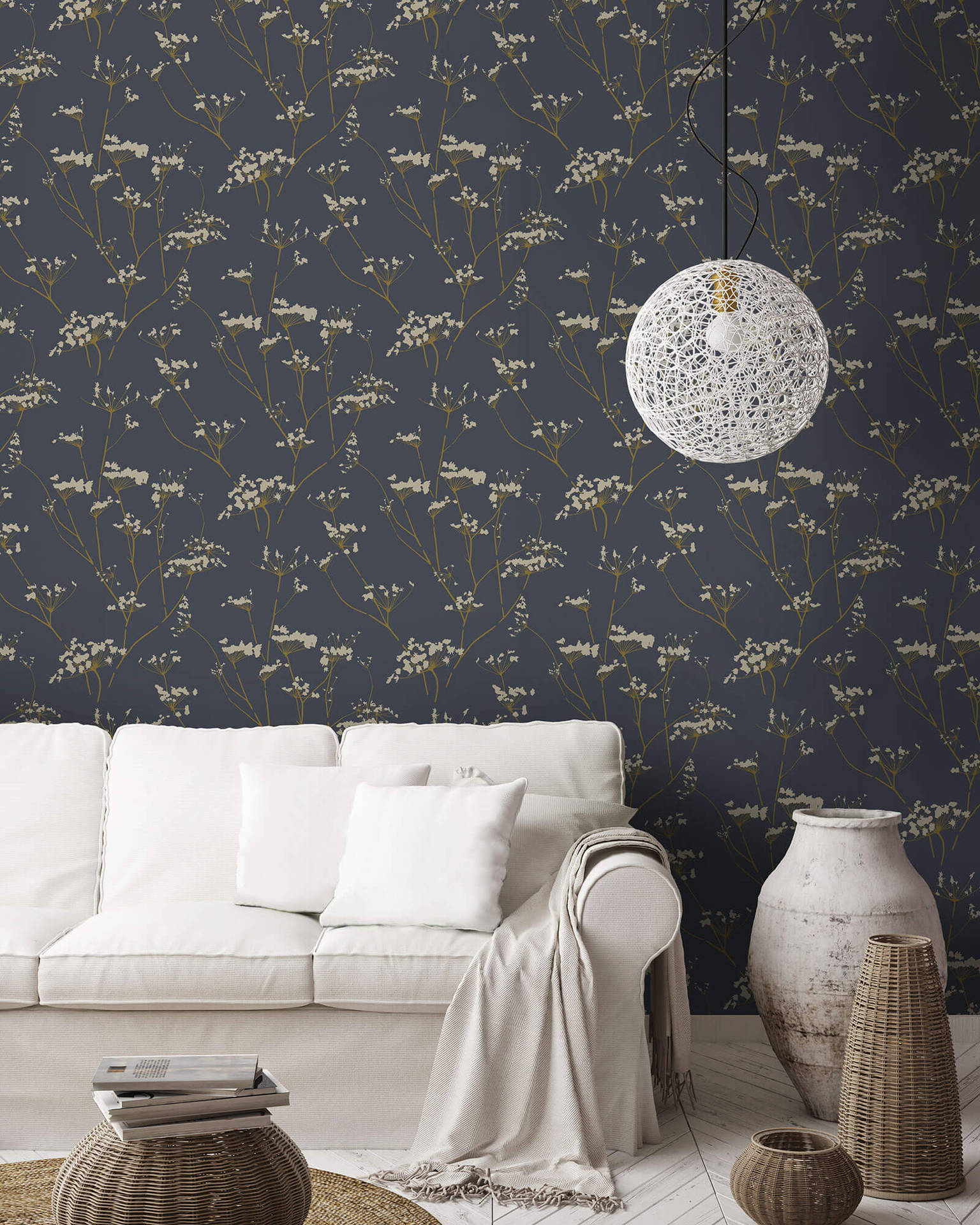 Living Room With Enchanted Forest Wall Pattern Wallpaper