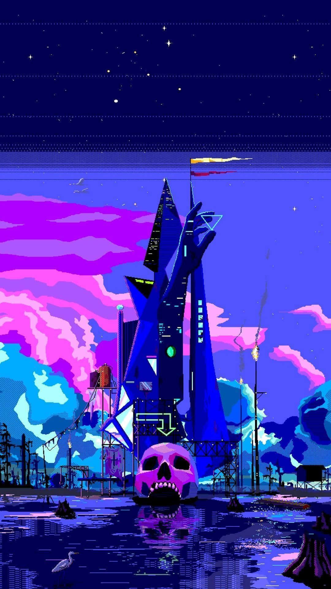 A Pixel Art Image Of A City With A Skull And A Ship Wallpaper