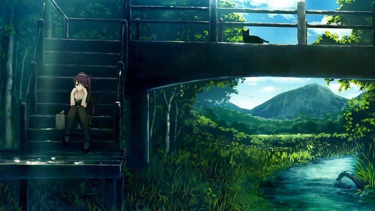 Chicade Anime Lo-fi Relajada Sentada En Un Puente. Fondo de pantalla
