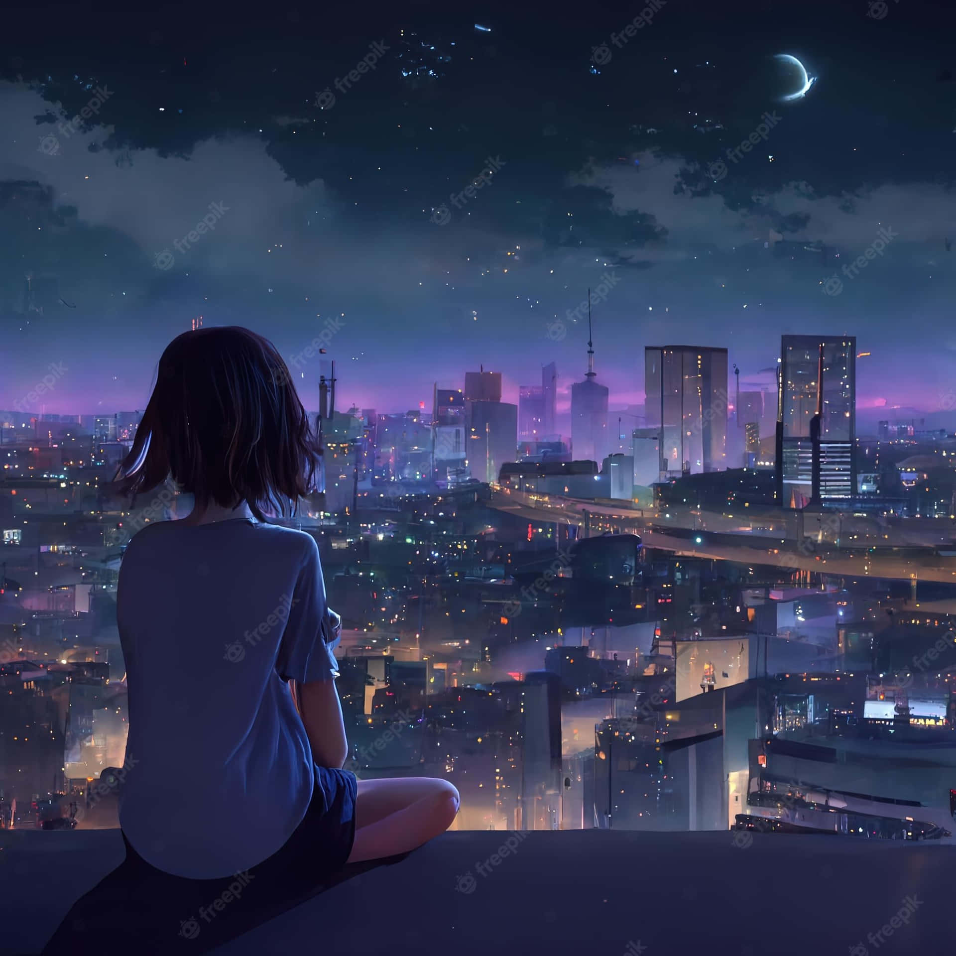 A Girl Looking Out Over The City At Night Wallpaper