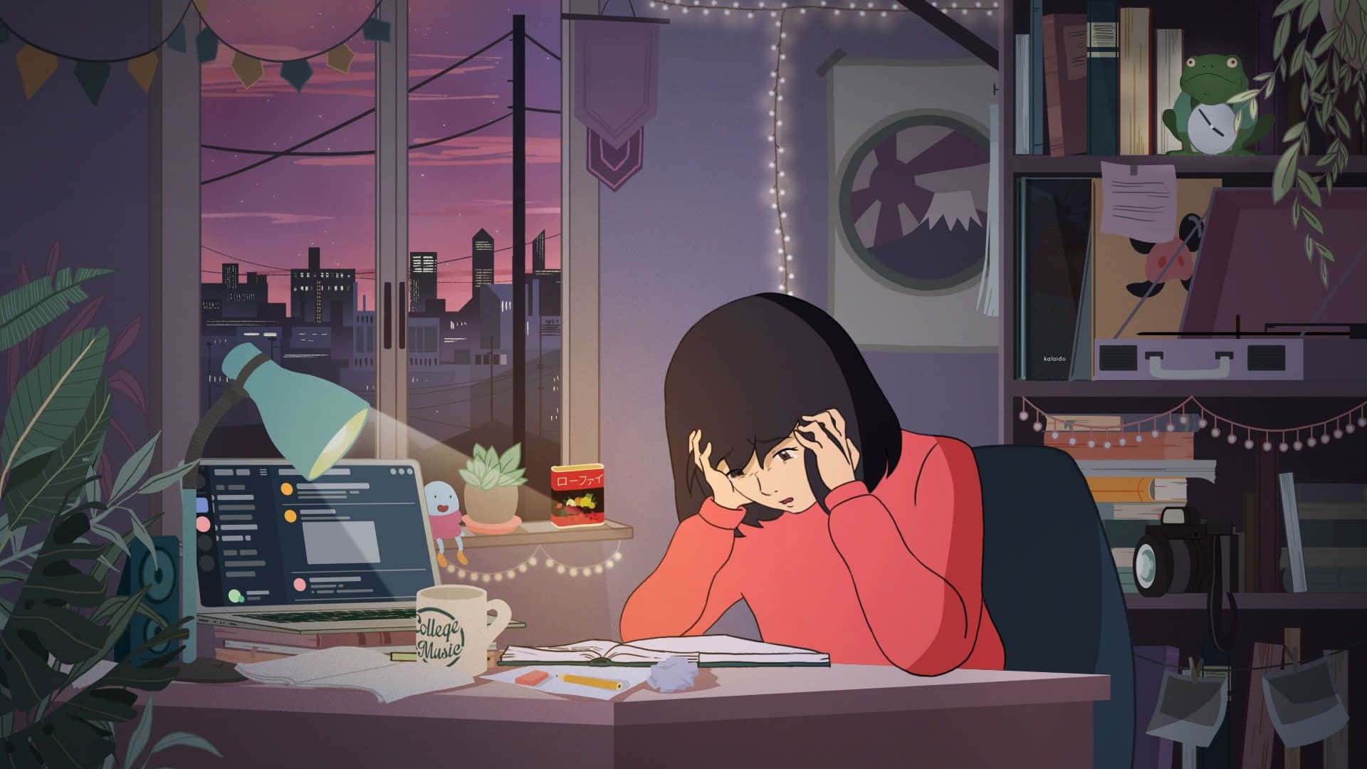 Lo Fi Anime Chill Girl On Study Table Wallpaper