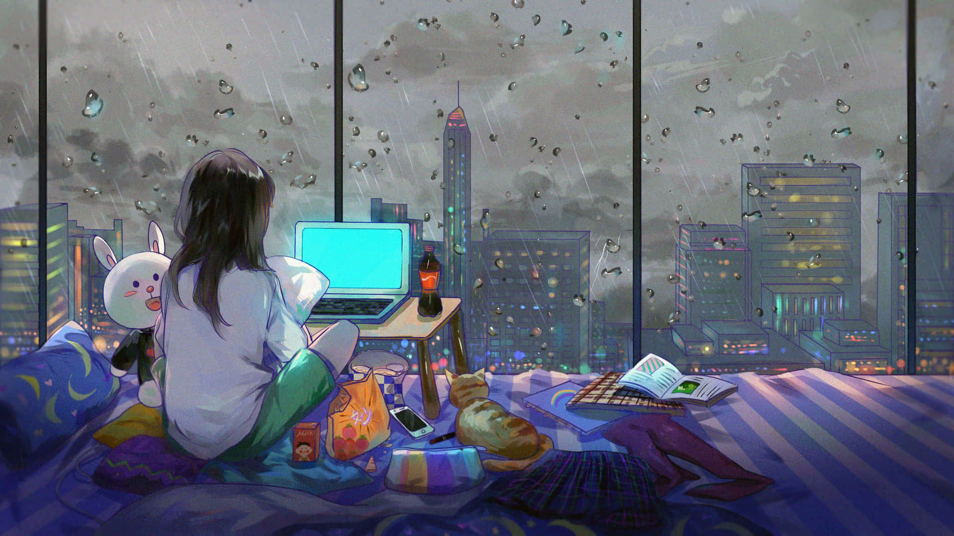 Lofi Anime Chill Girl In Ihrem Schlafzimmer Beim Studieren. Wallpaper