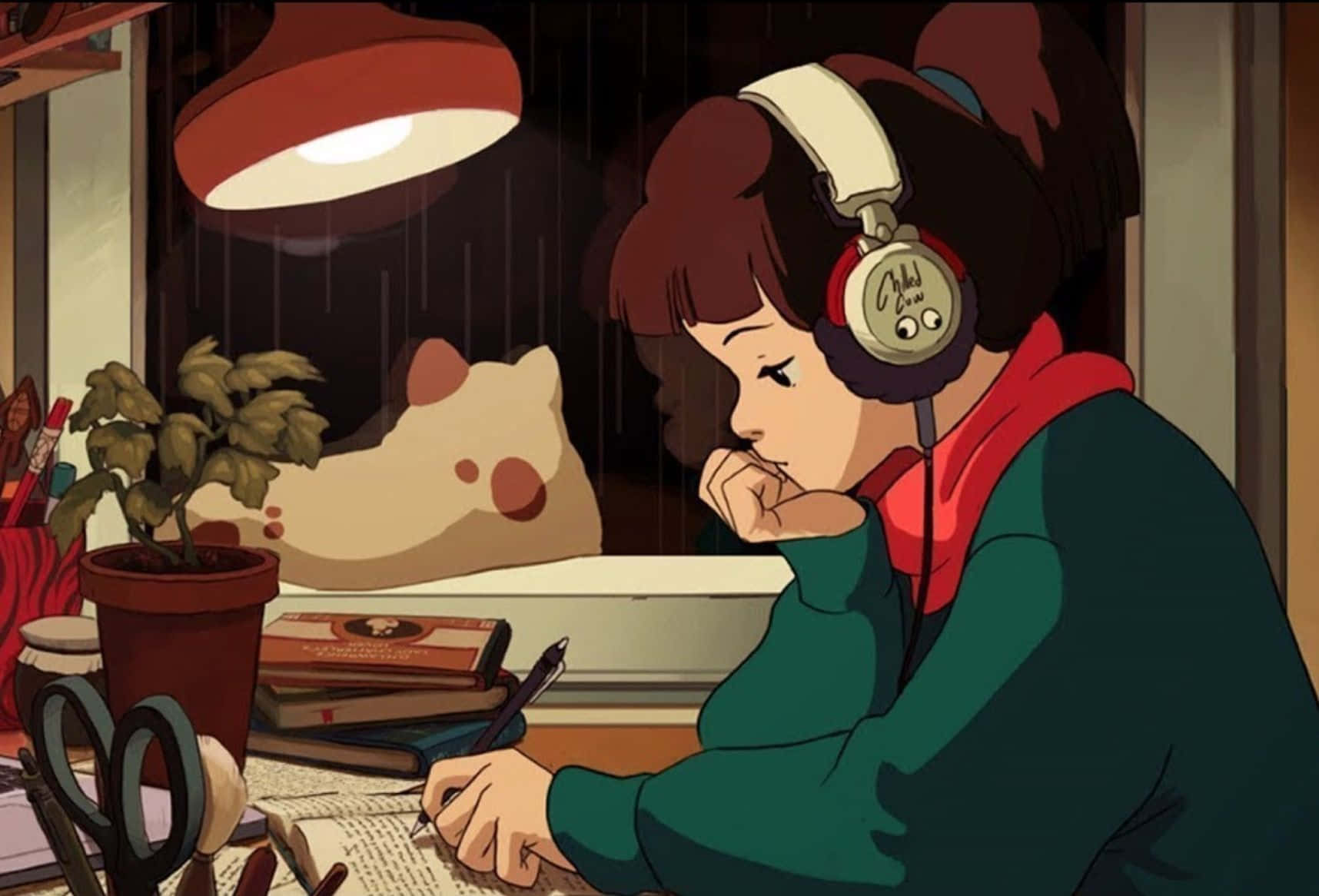 Lofi Anime Chill Girl Schreibt Auf Dem Schreibtisch. Wallpaper
